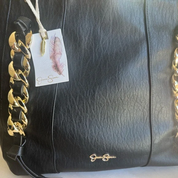 Black faux Leather Tote Bag with Gold Chain by Jessica Simpson - Picture 4 of 9
